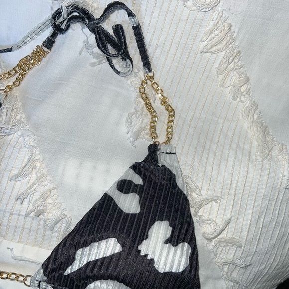 Ribbed Cow Print Velvet Triangle Bikini Double Chain Cheeky Bottoms MediumxLarge - Picture 6 of 7